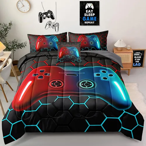 Miniatura 16 de Juego de ropa de cama de 5 piezas con estampado de videojuegos tamaño individual para niños, niñas, adolescentes, ropa de cama de 5 piezas en una