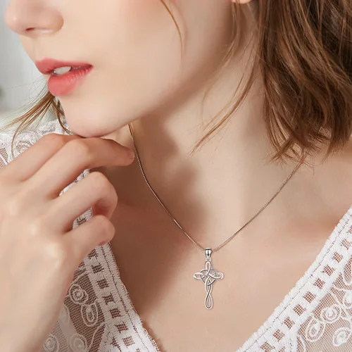 Miniatura 41 de YFN Collar de cruz de plata de ley 925 con nudo celta cruz infinito corazón amor colgante collar de 18 pulgadas