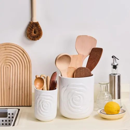 Miniatura 6 de Juego de 2 soportes grandes para utensilios, 7.5 pulgadas + 5.5 pulgadas, recipiente de cerámica para encimera de cocina para espátulas, cucharas