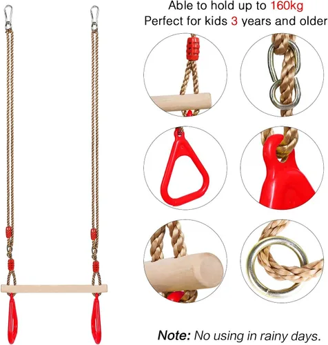 Miniatura 4 de PELLOR - Barra de trapecio de madera para juegos infantiles con anillos de gimnasio de plástico, juego de columpio para diversión en interiores