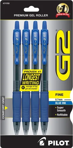 Bolígrafos Pilot G2 Premium de Gel, punta fina de 0.7 mm, bolígrafos de tinta azul de punta fina, paquete de 4 - Ideal para la escuela, para llevar