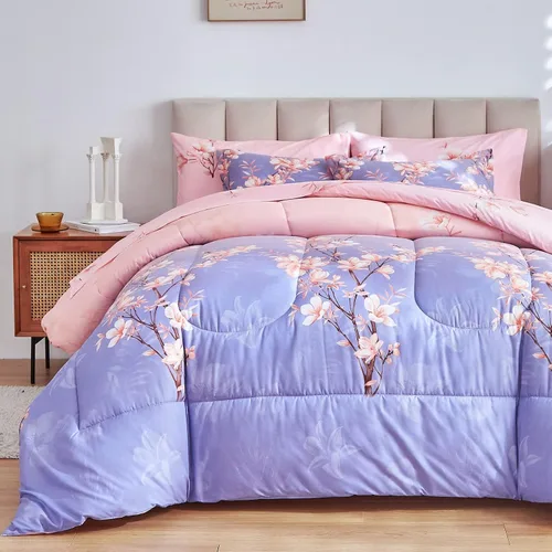 Miniatura 3 de AIKASY Juego de edredón individual rosa y morado claro con sábanas, cama en una bolsa, 6 piezas, diseño de impresión de ramas y flores, juego