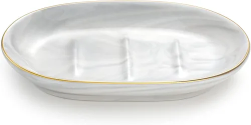 Miniatura 9 de Luxspire Jabonera, Bandeja de Jabón de Resina Portajabones Caja Contenedora, Estuche de Plato de Jabón Ovalado con Patrón de Mármol, Soporte