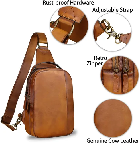 Miniatura 6 de LRTO Bolso de cuero genuino para hombres y mujeres, mochila bandolera de cuero real para el pecho, bolso cruzado, Marrón, Mochilas Sling