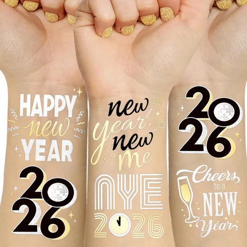 Suministros para fiestas de Año Nuevo 2026 – 40 diseños de tatuajes temporales con purpurina, tatuajes metálicos negros/dorados | Decoraciones y