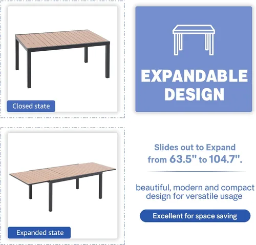Miniatura 7 de Soleil Jardin Mesa de Comedor Extensible de Aluminio para Patio, 63" - 105", Mesa Rectangular Ajustable para Interiores y Exteriores con Superficie