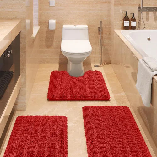 Miniatura 24 de ACCUMTEK - Juego de alfombras de baño a rayas beige de 3 piezas, ultrasuaves, antideslizantes de chenilla, alfombras de baño mullidas y absorbentes