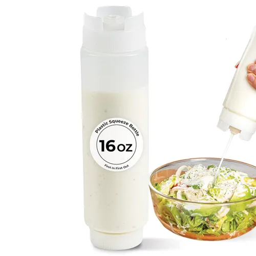 Restaurantware Botella de presión invertida de plástico de 16oz. FIFO con tapas de recarga y dispensación - Primero en entrar, primero en salir -