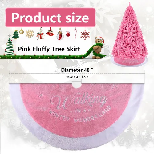 Miniatura 9 de yuboo - Falda de árbol de Navidad rosa de 48 pulgadas, gran alfombra de árbol de Navidad de piel sintética esponjosa con copos de nieve blancos
