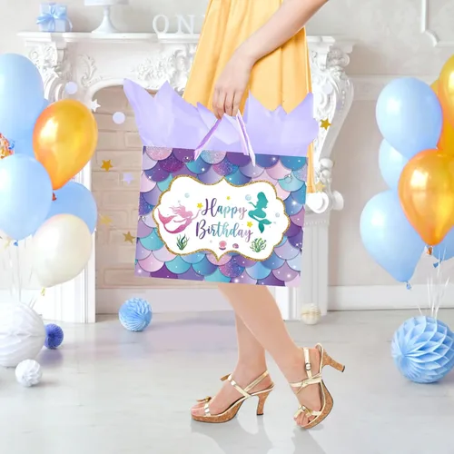 Miniatura 6 de Laidans Bolsa grande de regalo de cumpleaños de sirena de 13 pulgadas con asa, papel de seda y tarjeta para niños y niñas (13 pulgadas morado)