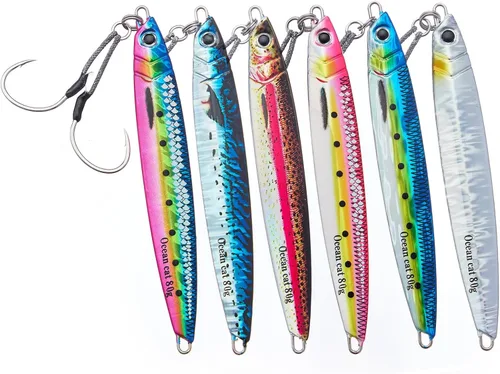Miniatura 17 de OCEAN CAT Señuelos de pesca con jigging de paso lento, kit de plantillas brillantes para pesca en agua salada con ayuda de anzuelo lento, anzuelo