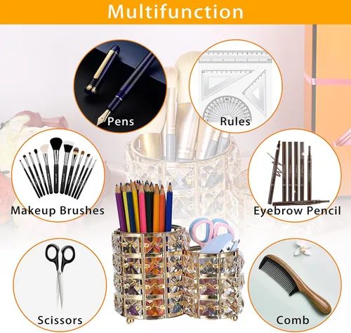 Miniatura 7 de Hipiwe Soporte para brochas de maquillaje, organizador de brochas de maquillaje de cristal dorado brillante, soporte redondo para control remoto