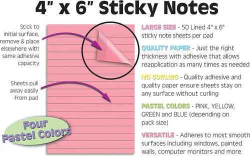 Miniatura 2 de Better Office Products Notas adhesivas forradas, 4 x 6, paquete de 10, 500 hojas (50/bloc), notas autoadhesivas con líneas, 4 colores pastel
