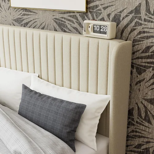 Miniatura 5 de GOLDORO Base de cama tapizada de tamaño matrimonial con cabecera de ala capitonada de canal vertical, soporte de listones de madera, no necesita