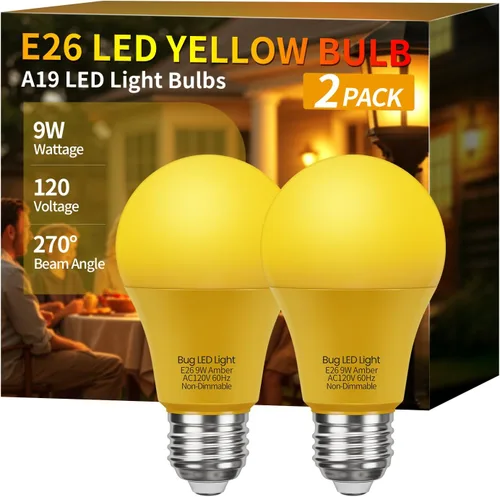 Bombillas de luz amarilla anti-insectos A19 LED, base E26, 9W (equivalente a 60W), 2000K ámbar, uso en porche exterior, paquete de 2