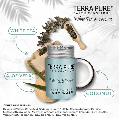 Miniatura 5 de Terra Pure White Tea & Coconut Body Wash, comodidades de hotel tamaño viaje, 1 onza (caja de 300)