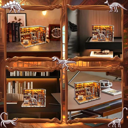 Miniatura 6 de Rompecabezas de madera 3D para adultos, casa de muñecas en miniatura, kit de rincón de libros, kit de modelo LED integrado, regalos para adultos