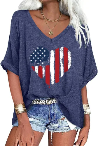 Miniatura 14 de UNCLECAT Camisetas de gran tamaño con cuello en V para mujer, camisas de manga corta de verano, holgadas, casuales