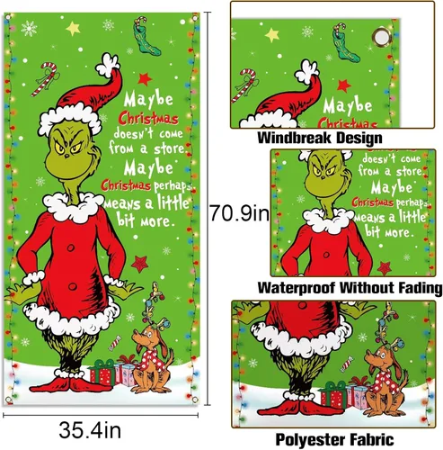 Miniatura 3 de Sunwer Cubierta de Puerta Verde de Navidad Whoville Decoración de Fiesta Navideña de Invierno Cartel de Porche Frontal Telón de Fondo Banner