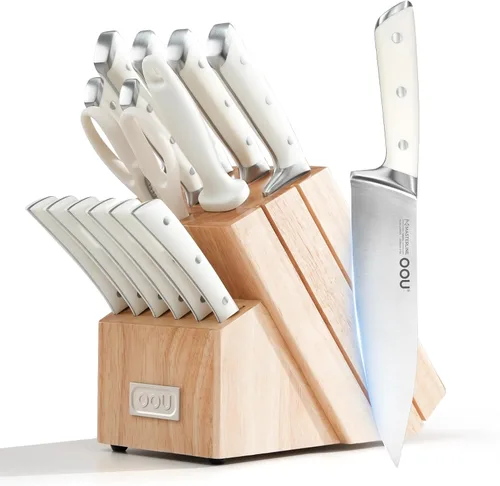 Miniatura 12 de OOU Juego de cuchillos de cocina 2025 con bloque, juego de cuchillos de acero inoxidable alemán de 15 piezas con varilla de afilar, mango de madera