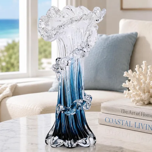 Miniatura 10 de Jarrón de vidrio soplado azul de 12 pulgadas de alto, florero costero soplado a mano de arte moderno, hermosos centros de mesa únicos de olas