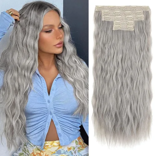Miniatura 34 de REECHO Extensiones de cabello con clip, 5 piezas, de 24 pulgadas, de color rubio ceniza, extensiones de cabello con ondas largas y sueltas, HE002