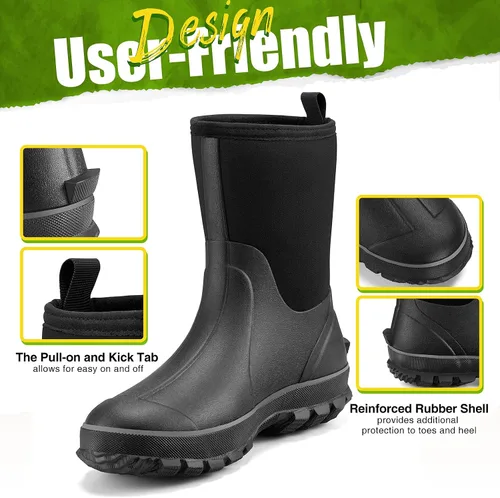 Miniatura 5 de TIDEWE Botas de goma para hombre, botas de lluvia aisladas de neopreno de 0.217in con vástago de acero, botas de caza impermeables de media