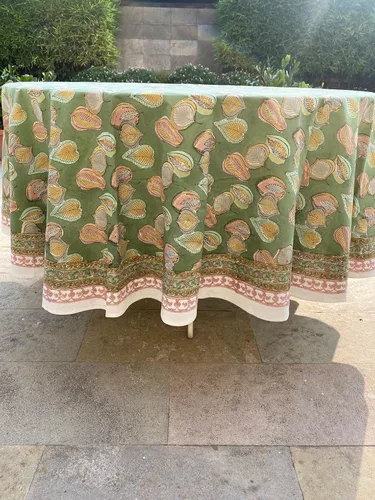 Miniatura 17 de Ridhi Mantel redondo de algodón reutilizable con estampado de bloque a mano, color verde espárragos, 60 pulgadas, mantel decorativo para uso diario