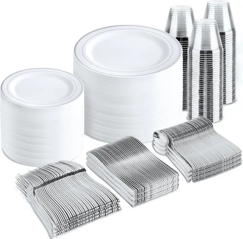 Miniatura 9 de BUCLA 350 platos de plástico plateado con cubiertos y servilletas de plástico desechables. Vajilla de plástico con borde plateado que incluye 50