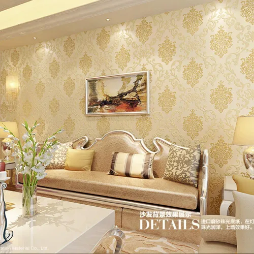 Miniatura 5 de QIHANG Color beige no tejido 1.7 ft*32.8 ft=5.3㎡ del rollo del papel pintado del polvo de la perla del damasco del estilo europeo 3D Amarillo claro