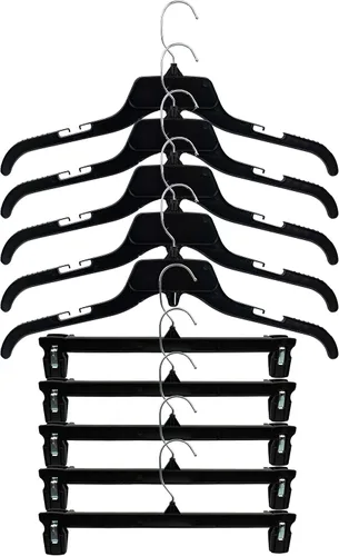 Miniatura 5 de HangOn Juego combinado de perchas para camisa y pantalones, plástico reciclado, negro, 17 pulgadas y 12 pulgadas, 15 cada uno, 30 en total
