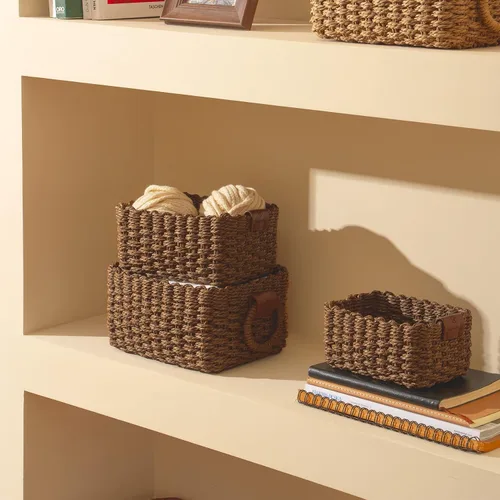 Miniatura 2 de LA JOLIE MUSE Cestas de almacenamiento tejidas, organizador de cuerda de papel reciclado, divisor para armarios, cajones, armarios, estantes, Marrón