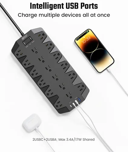 Miniatura 6 de SUPERDANNY Lámpara LED de escritorio con 18 tomas de corriente, protector de sobretensiones con puertos USB, cable de extensión resistente