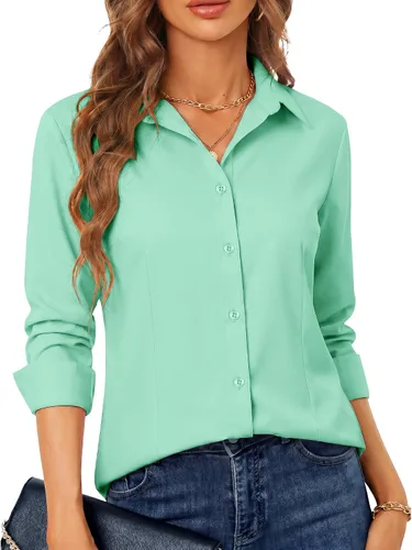 Miniatura 24 de BBIBBI Camisa de vestir elástica de manga larga con botones para mujer, blusa de trabajo casual de negocios (clásica, recortada y alta)