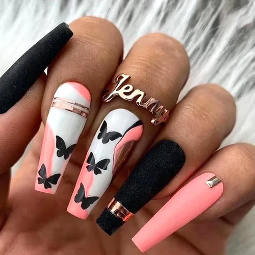 Miniatura 14 de Uñas postizas a presión de color rojo vino brillante, uñas postizas largas de almendra, uñas postizas onduladas doradas irregulares con pegamento