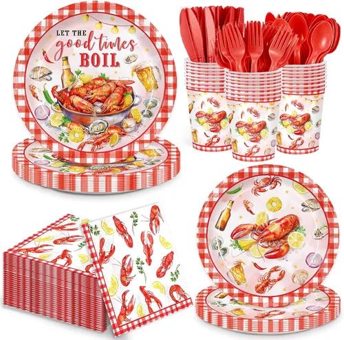 168 piezas, platos para hervir cangrejos, servilletas, suministros para fiesta de hervir cangrejos, vasos desechables de papel, tenedores rojos,
