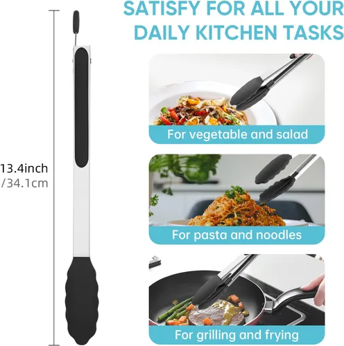 Miniatura 8 de Pinzas de cocina resistentes al calor de 600 ℉ para cocinar con puntas de silicona, pinzas de cocina de acero inoxidable de 12 pulgadas con bloqueo