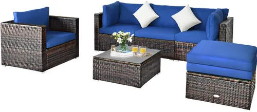 HAPPYGRILL Juego de muebles de mimbre de mimbre de ratán para exteriores, juego de sofá seccional con mesa auxiliar de cristal, otomana, cojines