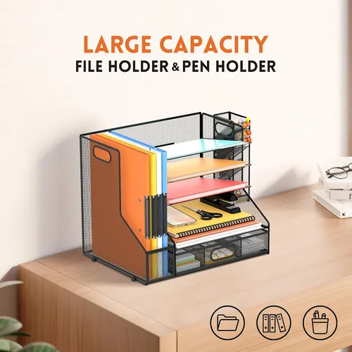 Miniatura 2 de DALTACK Organizador de Escritorio de Malla, Bandeja de Cartas de 5 Niveles con Portaarchivos y Portabolígrafos y Cajón Deslizante, Organizador