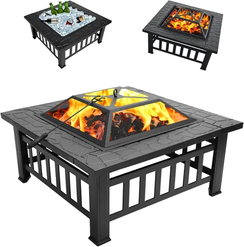 Miniatura 9 de Fogata de leña para exteriores, hoguera cuadrada de metal de 32 pulgadas para exterior, mesa multifuncional con tapa de malla y póker