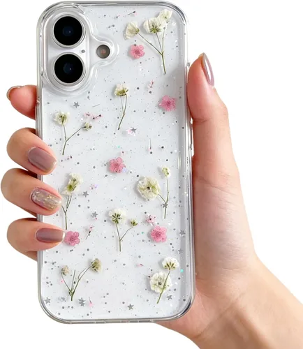 Miniatura 12 de Funda floral para iPhone 17 con flores reales prensadas, bonito diseño de flores secas prensadas transparentes con purpurina para mujer, suave TPU