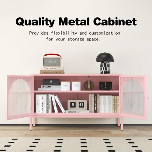 Miniatura 4 de Soporte de metal para TV, armario de almacenamiento con 2 puertas acrílicas, armario rosa con estante ajustable, gabinete lateral para el hogar