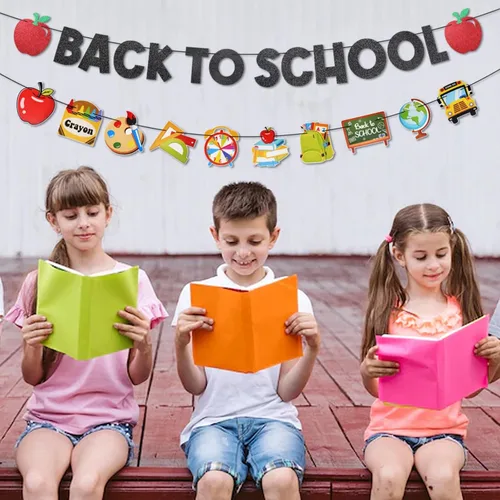 Miniatura 7 de Decoración de pancarta de bienvenida de regreso a clases, guirnalda colorida con purpurina para el primer día de escuela, banderines para aula