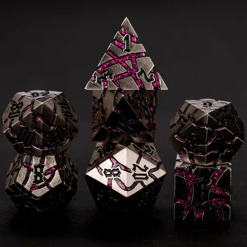 Miniatura 14 de Juego de Dados de Metal DND, Conjunto de 7 Dados Poliédricos D&D, Conjunto de Dados con Grietas Brillantes para Juego de Rol Calabozos y Dragones