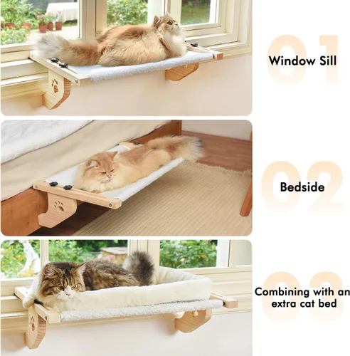 Miniatura 6 de AMOSIJOY Percha de Ventana para Gatos con Hamaca de Ventana Robusta con Marco de Madera y Metal para Gatos Grandes, Cama de Gato Fácil de Ajustar