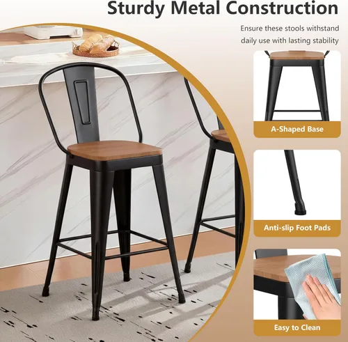 Miniatura 6 de Yongchuang Juego de 4 taburetes de bar de 24 pulgadas, de metal negro, altura de mostrador, con respaldo alto, asiento de madera grande, sillas