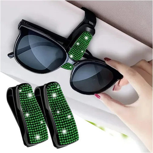 Turcee Juego de 2 soportes para lentes de sol con diamantes de imitación brillantes para visera de automóvil con esponja antiarañazos, decoración de