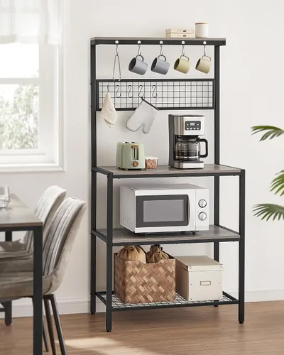Miniatura 9 de VASAGLE Almacenamiento de cocina, estante para panaderos, barra de café, estante de 3 niveles, 6 ganchos en S, para microondas, tarros de especias