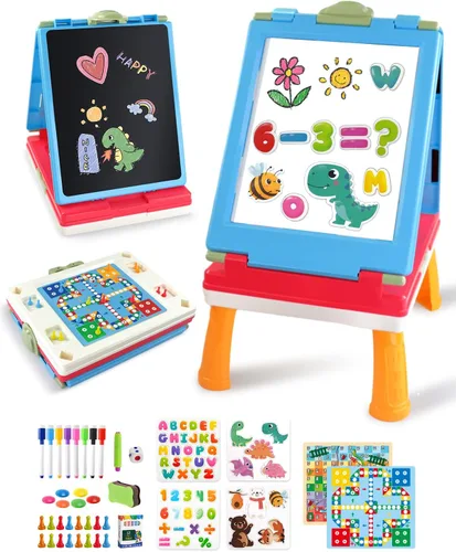 Elovien Caballete para niños, caballete de arte de doble cara 4 en 1 con pizarra y pizarra blanca magnética, caballete de mesa plegable para niños
