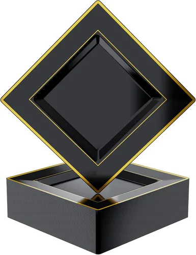 Miniatura 9 de JOLLY CHEF Paquete de 60 platos de plástico para cumpleaños de Halloween, plástico cuadrado dorado con elegante borde dorado de 9.5 pulgadas, platos